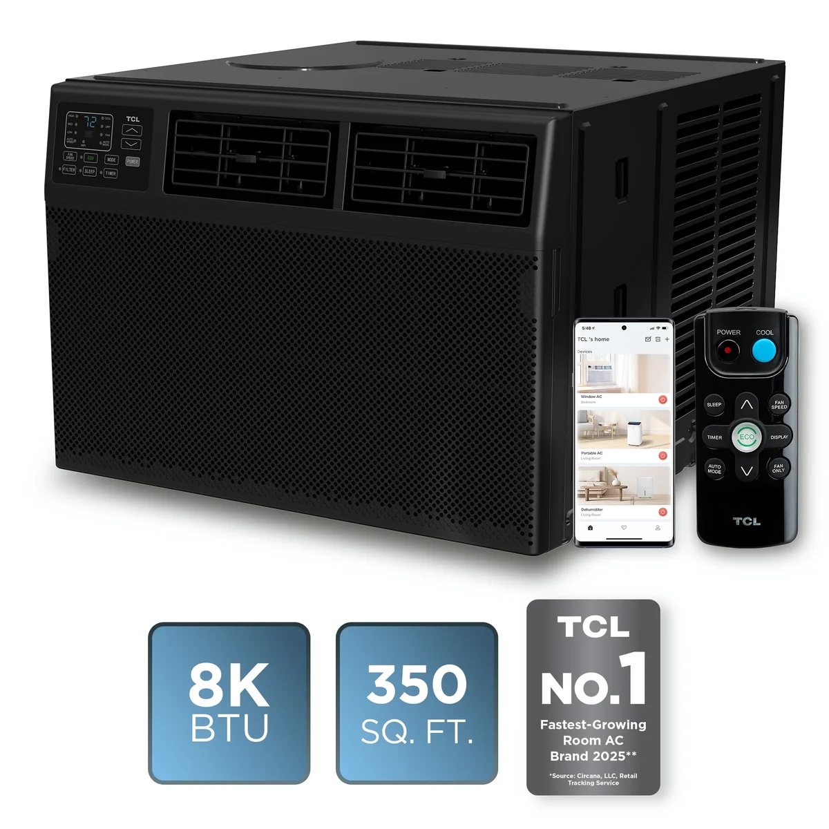 TCL 8,000 BTU Smart Window Air Conditioner (Black) - 3-in-1 AC, Fan & Dehumidifier, App, Voice, & Remote Control, Sleep & Eco Mode, 24-Hour Timer 8014