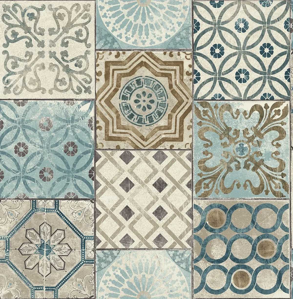 NextWall Moroccan Style Peel and Stick NW30002 Mosaic Tile Wallpaper, Blue, Copper, Grey 9424