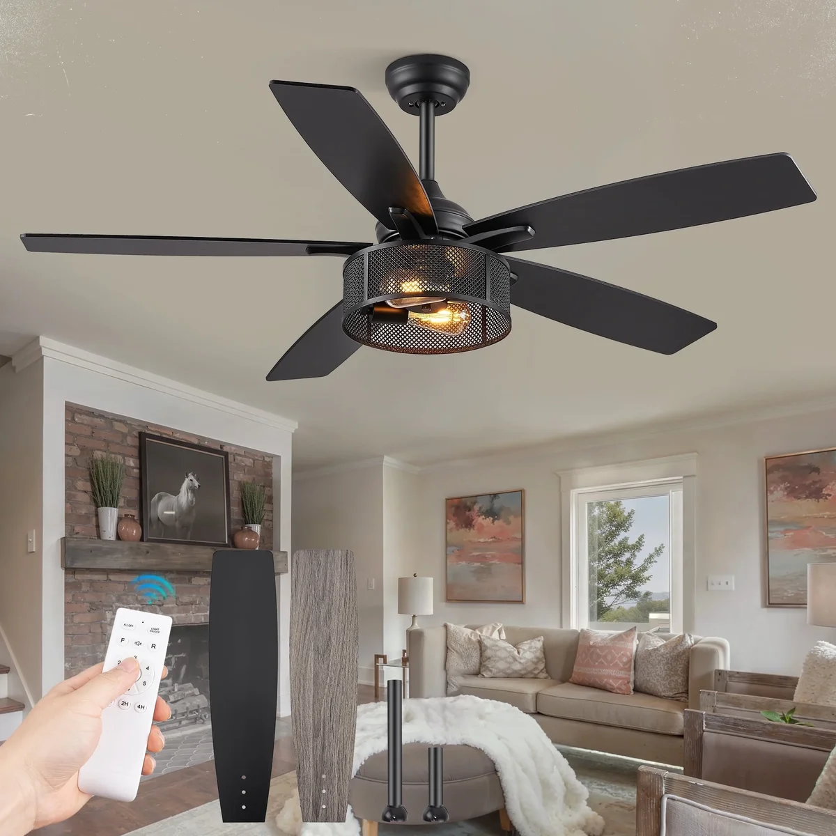 Lokivas 52" Black Farmhouse Ceiling Fan with Light and Remote, Quiet 6-Speed Reversible DC Motor, 5 Dual-Finish Blades for Living Room and Bedroo 1325