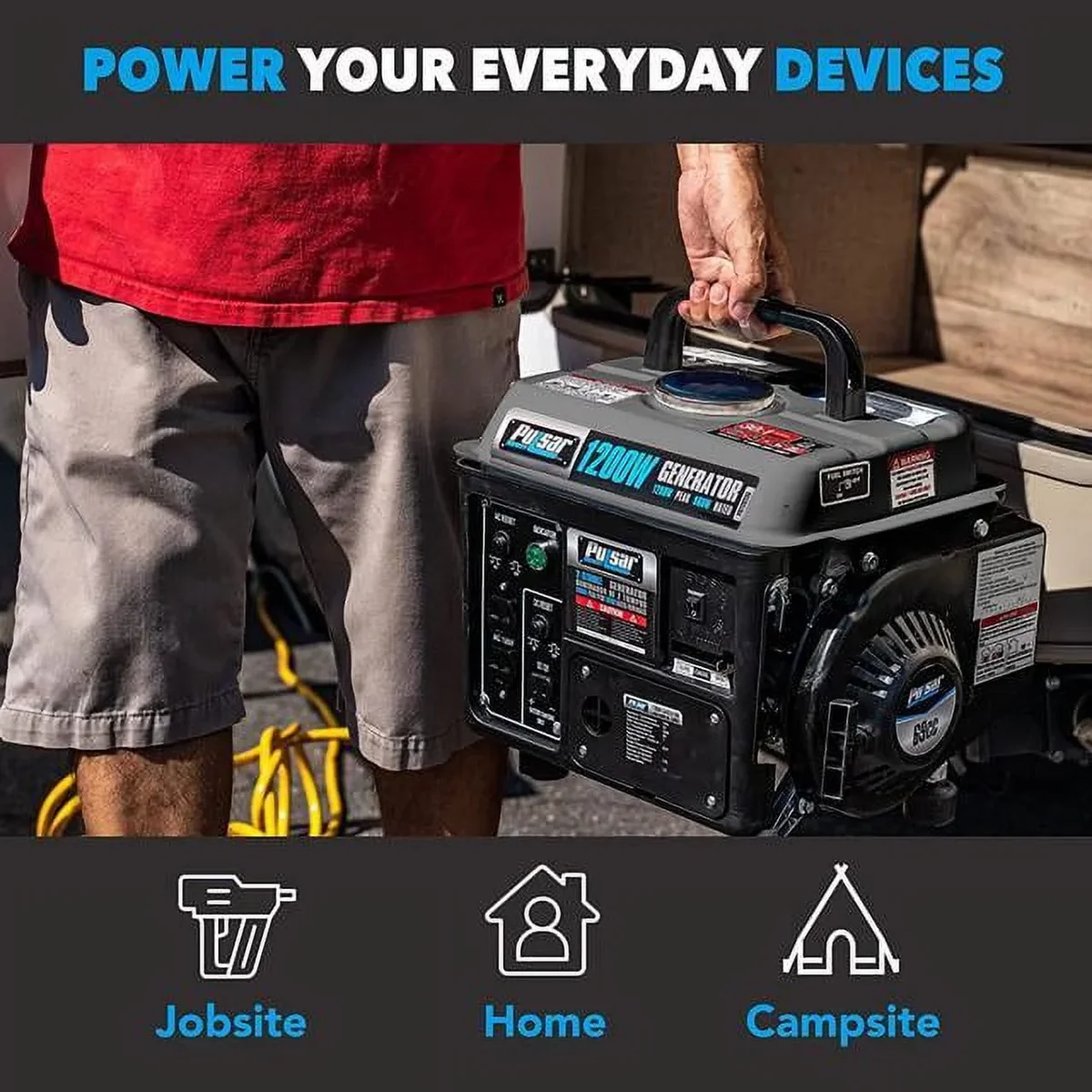 Pulsar G1200SG Portable Gas-Powered Generator with Carrying Handle, 1200W, Black/Gray 8050