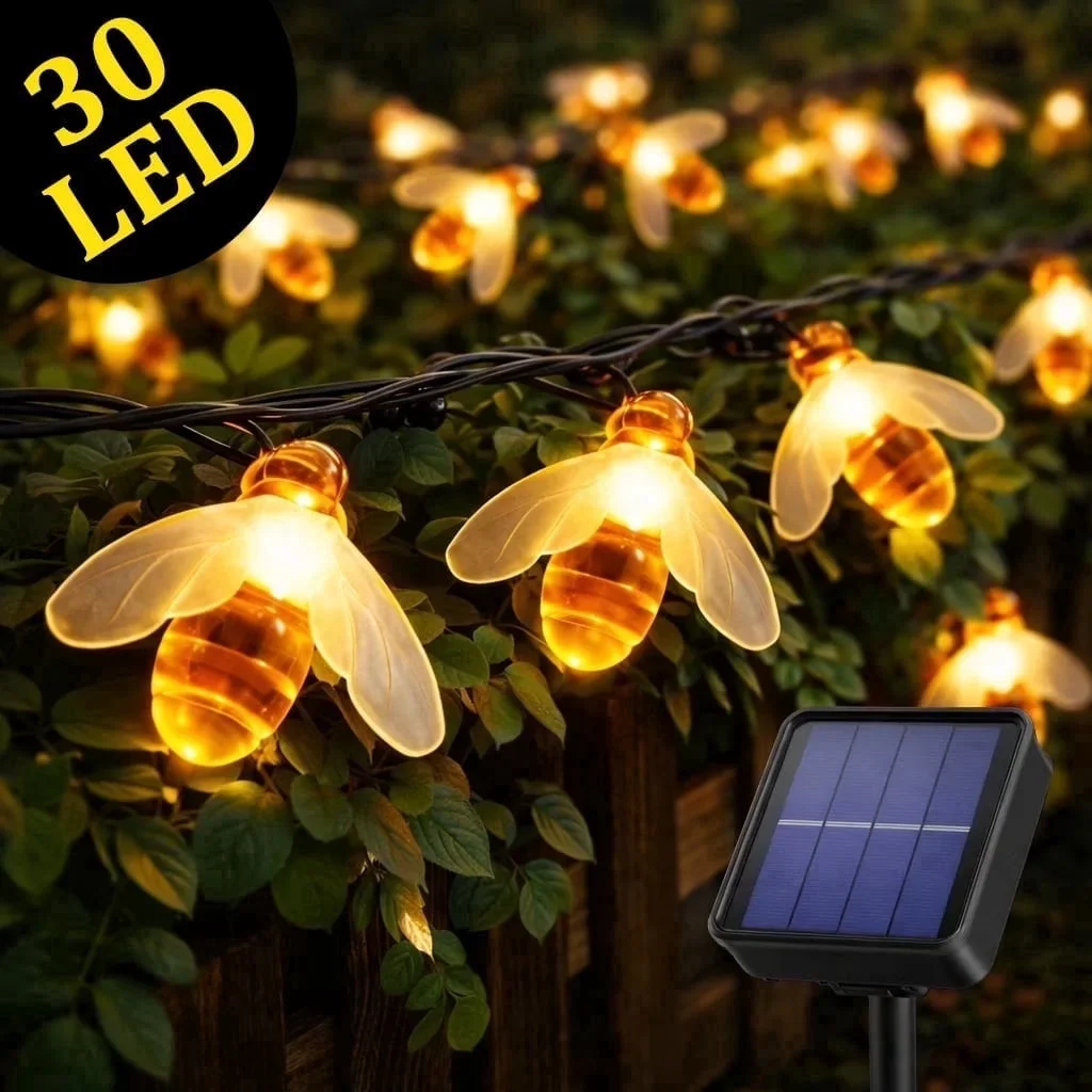Lezonic Solar String Lights Outdoor, Honey Bee Fairy String Lights, 16Ft 30LED Waterproof 8 Modes Outdoor Garden Lighting for Patio, Fence, Lawn, Party,  0651