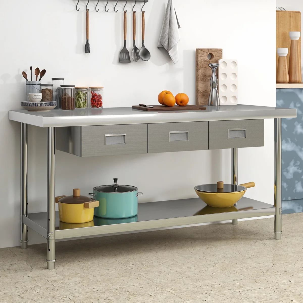 Uforic 2-Tier NSF Stainless Steel Work Table 60", 3 Drawers, Adjustable Kitchen Storage, Commercial Heavy-Duty Prep Table for Professional, Home  1515