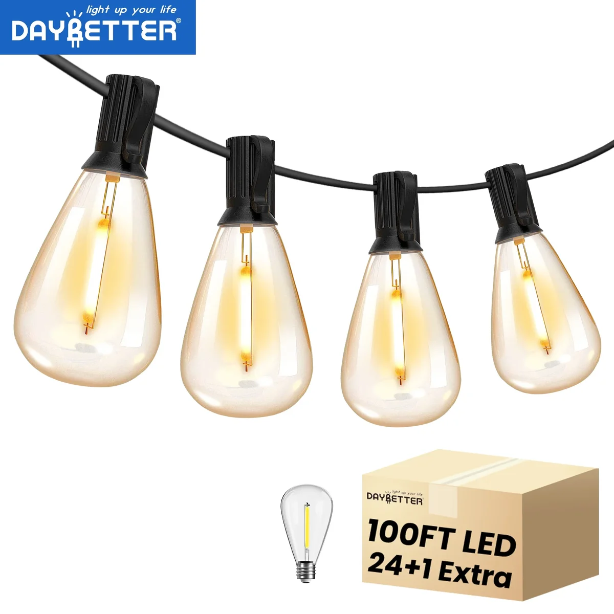 DAYBETTER 100FT Outdoor String Lights, Waterproof Patio Lights with 24+1 Hanging Lights S11 Bulbs, Shatterproof for Backyard Gazebo Porch Garden  6864