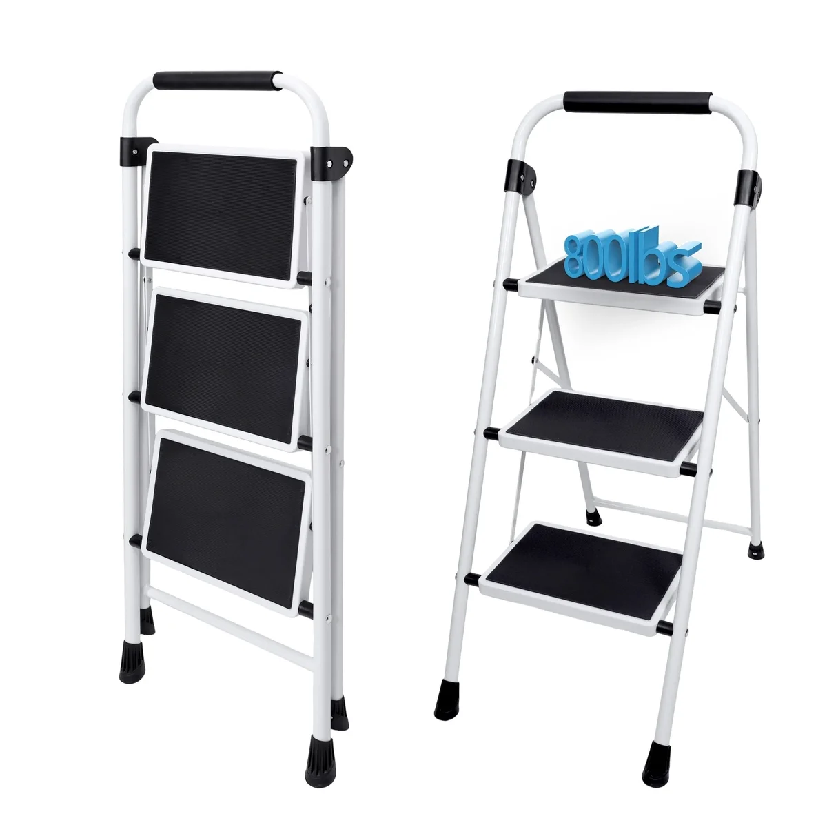 JIOABL 3 Step Ladder, 36-Inch Heavy Duty Steel Step Stool with Non-Slip Pedals, Portable for Kitchen Garage Outdoor Use, Black and White 1998