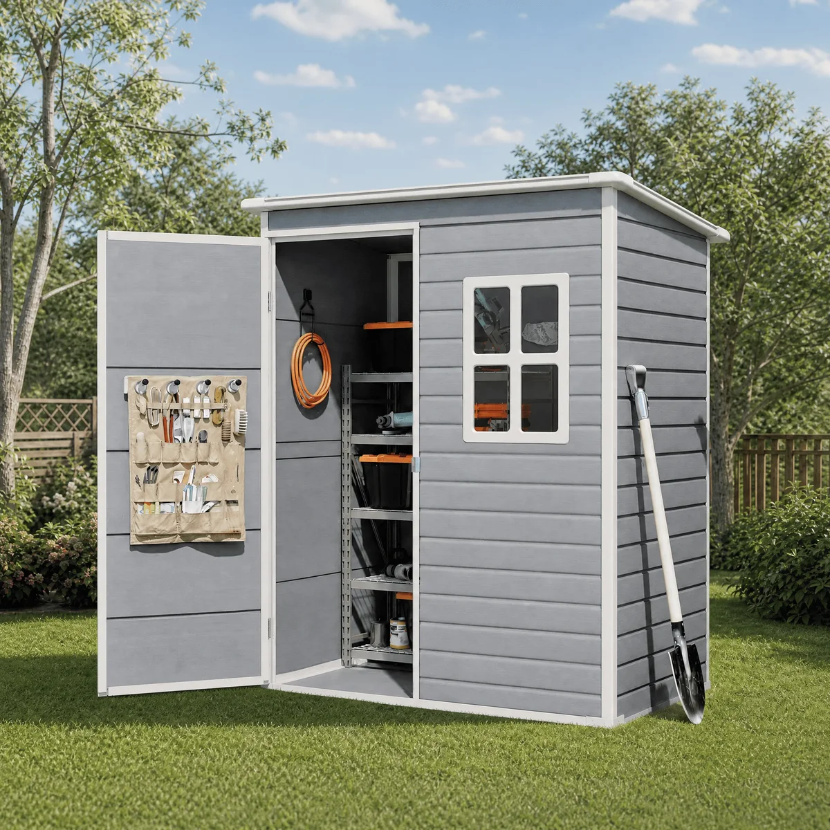 Asofer Gray Recycled Resin Outdoor Storage Shed, Asofer 5x3 FT Weatherproof Plastic Shed with Molded Base, Translucent Window & Lockable Door 0090