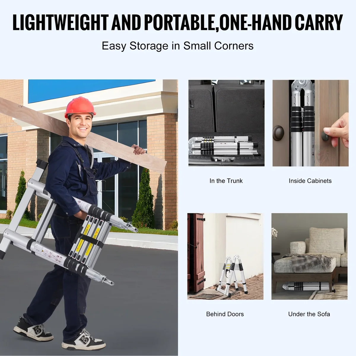 KFFKFF 12.5FT A-Frame Telescoping Ladder, 375lbs Load Capacity Aluminum Lightweight Telescopic Ladder, Multiple-Button Retraction Foldable Ladder 0295