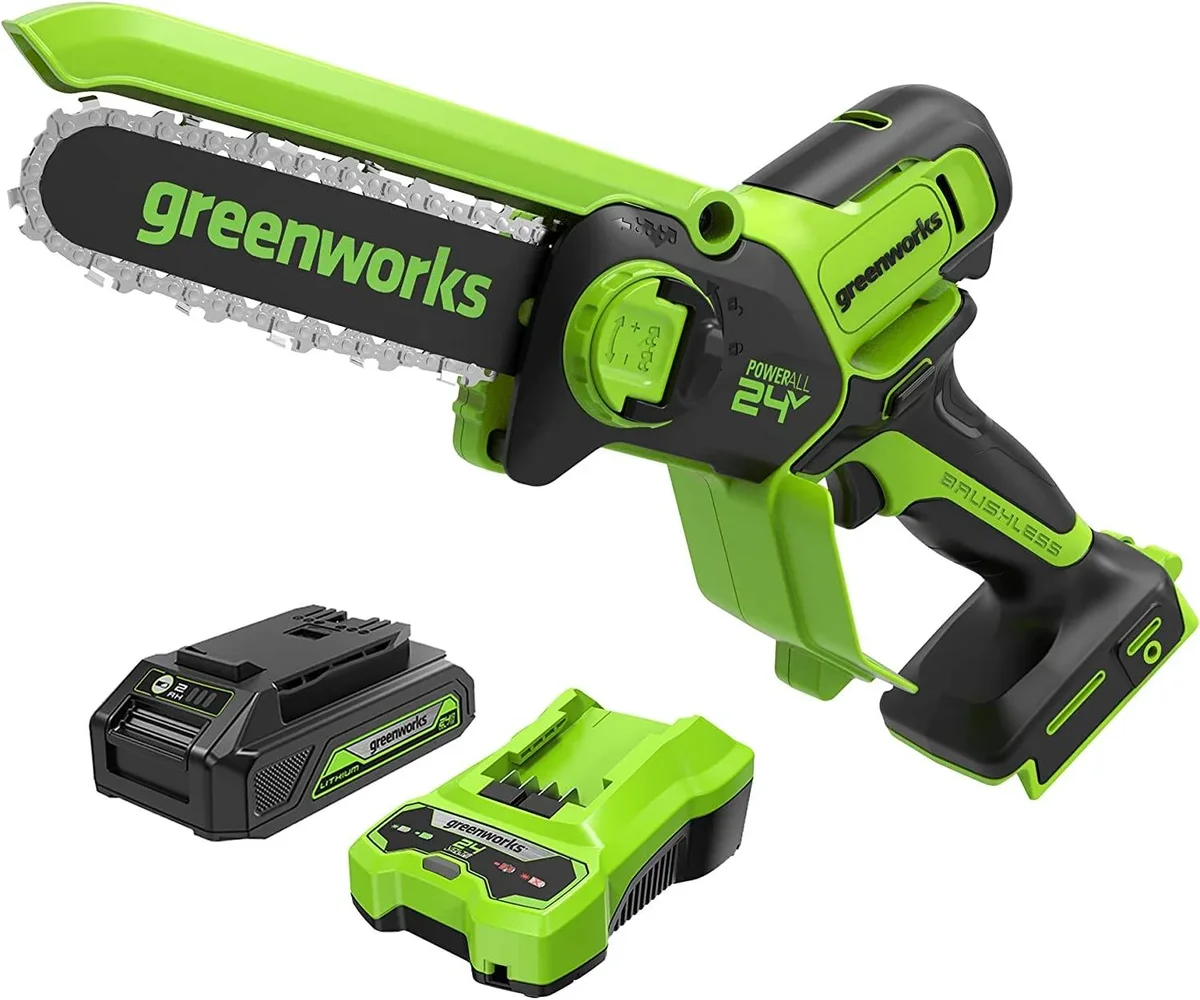 Greenworks 24V 6” Brushless Cordless Battery Pruner Chain Saw with 2.0Ah Battery & Charger 2010202 3677