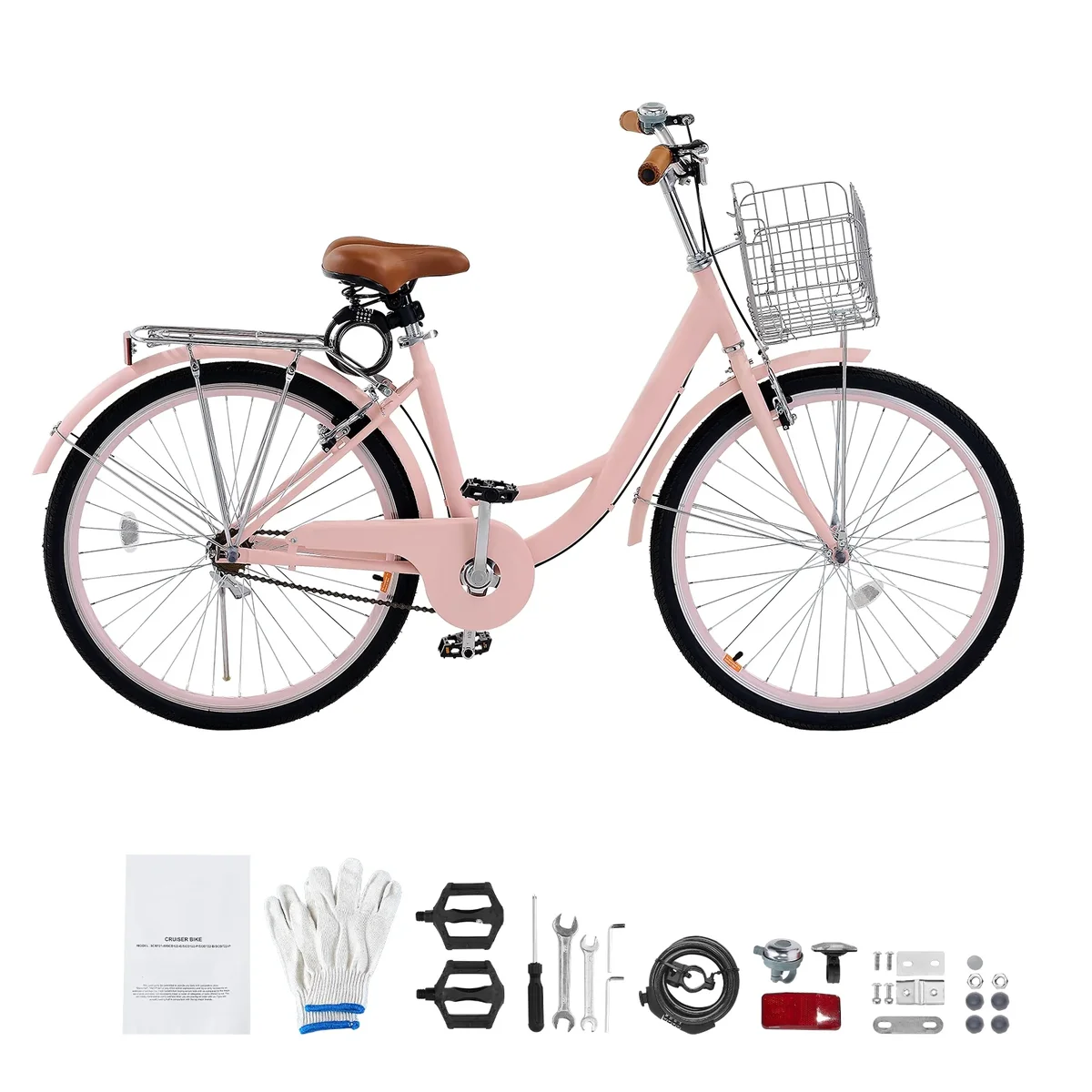 KFFKFF Cruiser Bike, Single Gear, 26-Inch Rose-Colored Seaside Cycling Bike with Spacious Basket and Back Stand, Robust Carbon Steel Leisure Bicy 8091