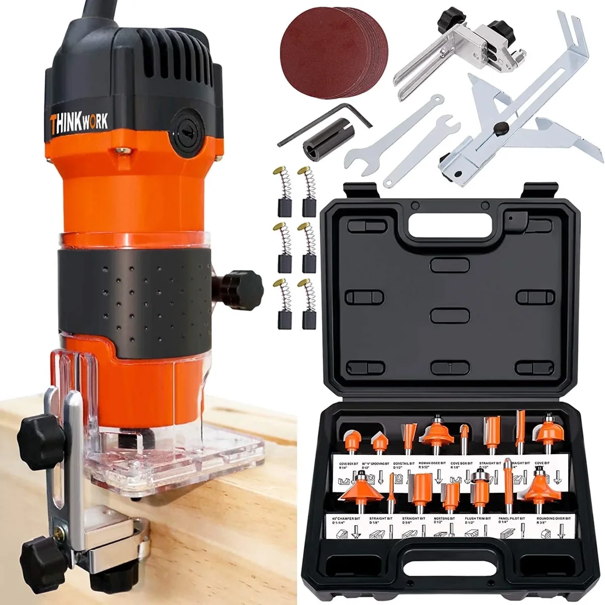 THINKWORK Compact Wood Router | 6.5-Amp 1.25HP Palm Router with 15-Piece 1/4" Router Bits Set & Accessories | 30000 RPM for Wood Trimming, DIY &  4705