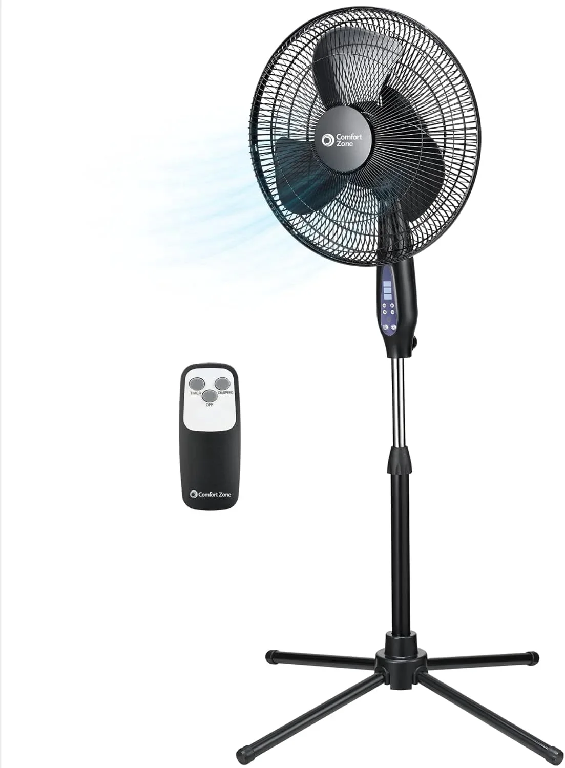 Comfort Zone 16-Inch Oscillating Pedestal Fan with Remote Control – 3-Speed High-Velocity Cooling, Adjustable Height & Tilt, Quad-Pod Folding B 3711