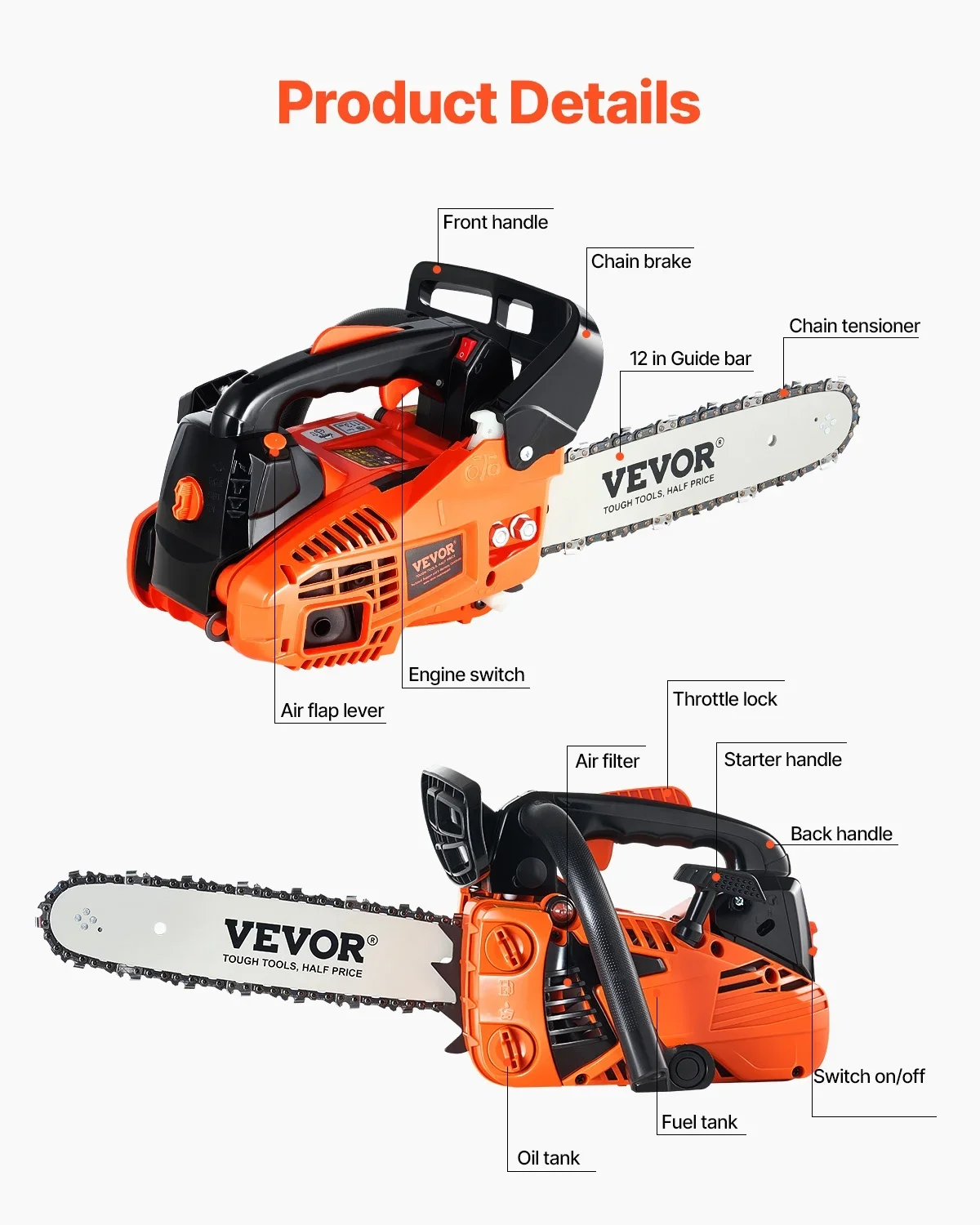 VEVOR Gas Chainsaw, 25.4CC 12" 1.2HP, Gasoline Powered Chain Saw, Handheld Cordless Petrol Chainsaws for Tree Wood Branch Cutting, Tree Trimming, 6703