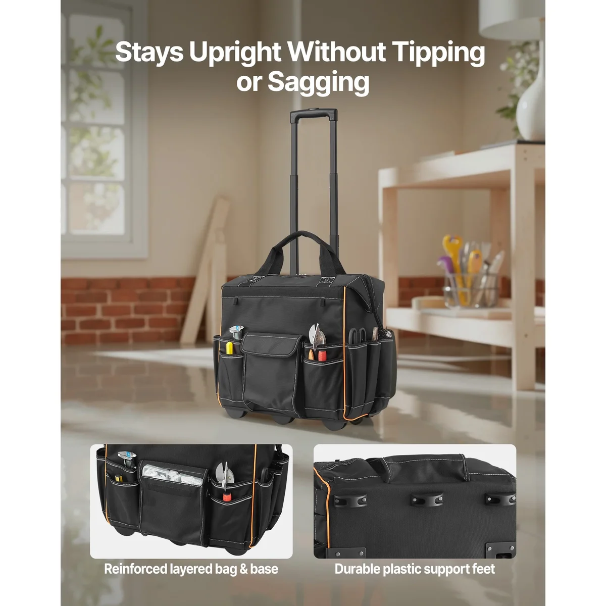 KFFKFF Rolling Tool Bag with Wheels, 110 lbs Capacity, 25 Pockets Durable Tool Organizer with Telescoping Handle & Sturdy Base for Electricians a 8385