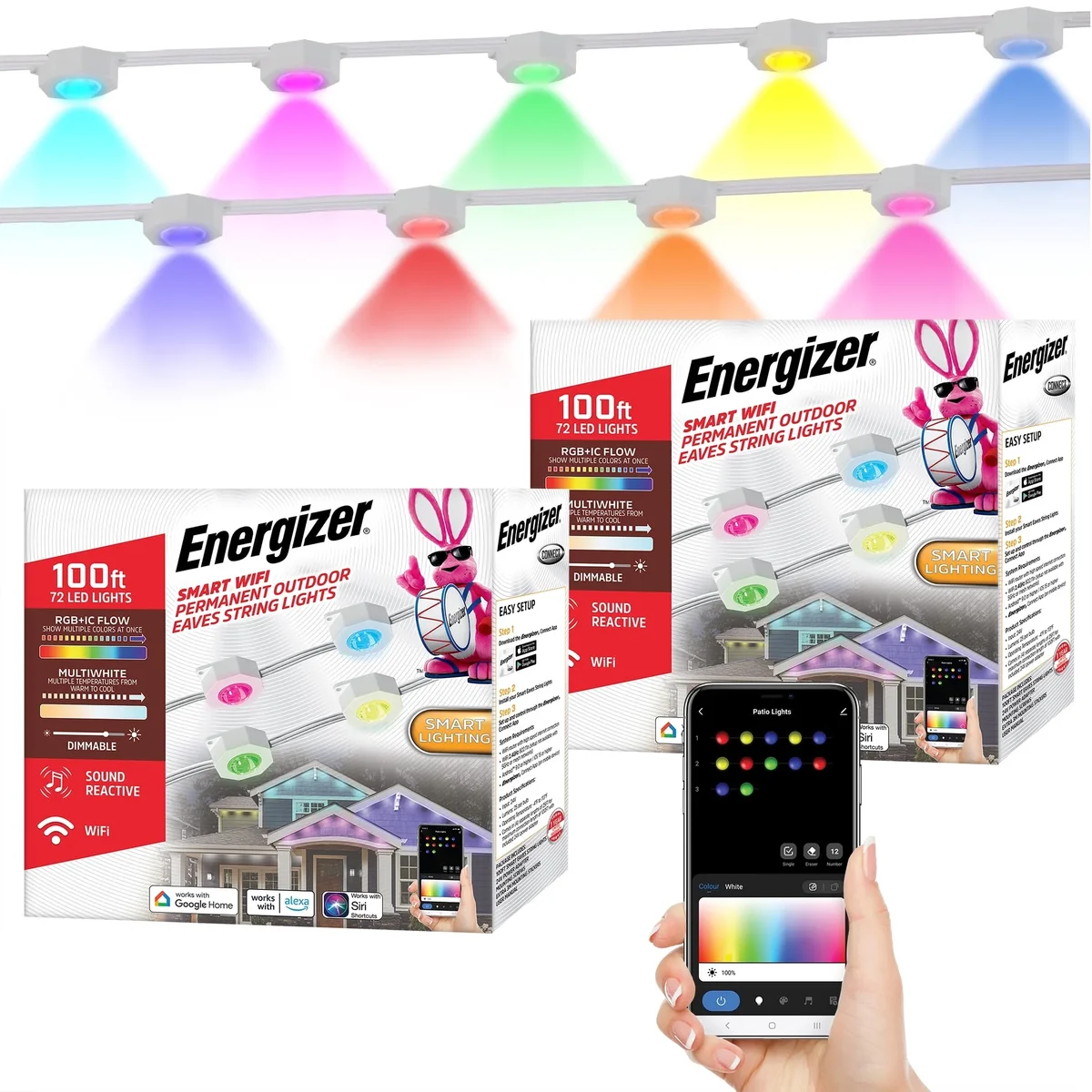 Everdaily Essentials Smart WiFi Outdoor Permanent Lights RGB+IC, 200 ft Color-Changing LED String Light Kit, App + Voice Control, Weatherproof, Music Sync 2371