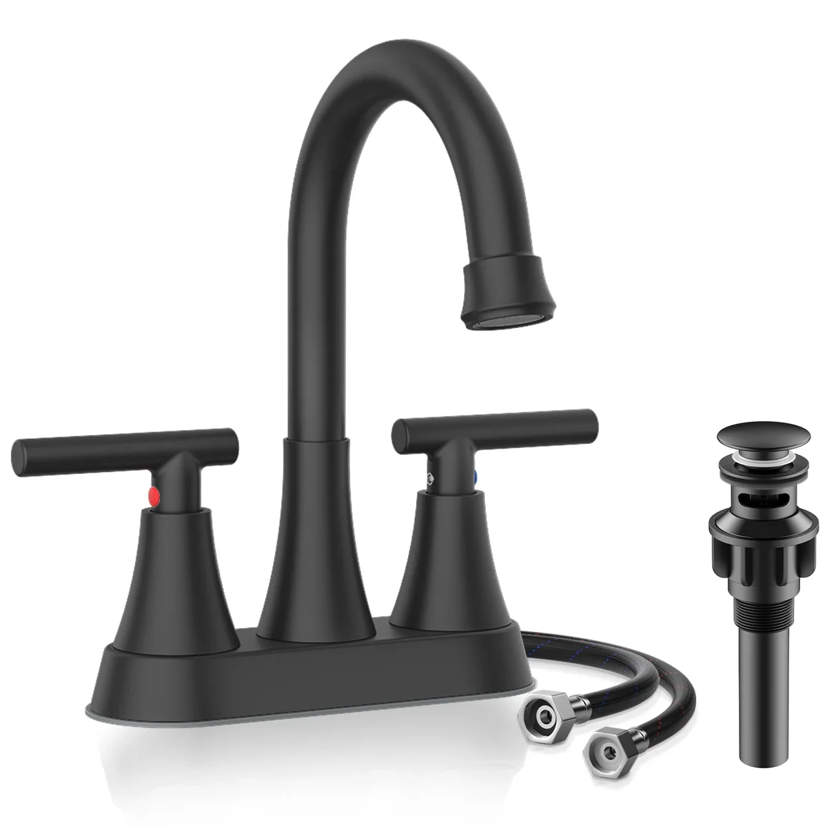 KINGTACK Bathroom Faucets 4 Inch Matte Black Bathroom Sink Faucet, Stainless Steel Lead-Free 2-Handle Centerset Faucet with Pop-up Drain and 2 Su 4376
