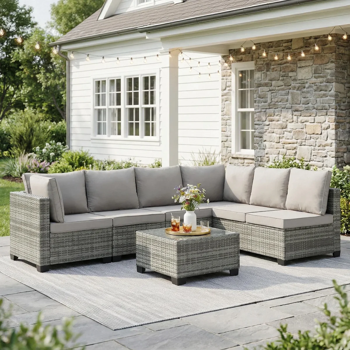 Ebello 7-Piece Modular Conversation Set, Outdoor Patio Sectional Sofa with Glass Coffee Table, Rattan Garden Furniture, GLG(Light Gray) 0236