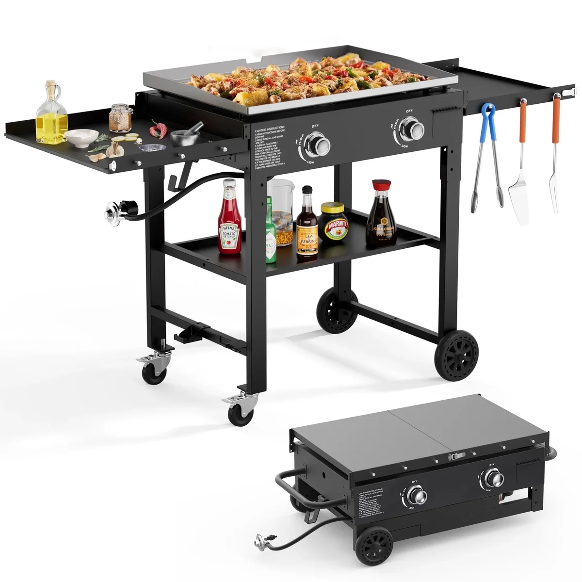 SKOK Foldable 2 Burners Gas Griddle - 28'' Outdoor Propane Flat Top Grill with Side Shelves - 30,000 BTU 9320