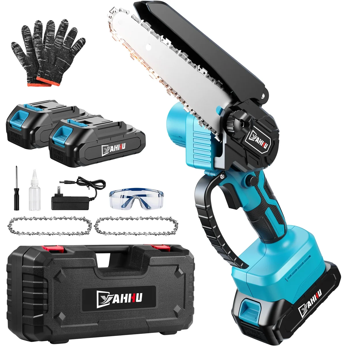 YAHHU 6 Inch Mini Cordless Chainsaw, Handheld Electric Chain Saw with 2 Batteries and 2 Chains for Tree Trimming and Wood Cutting 6337