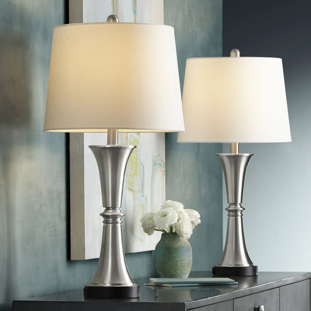 360 Lighting Seymore Modern Table Lamps 26" High Set of 2 Silver with USB Charging Port LED Touch On Off White Drum Shade for Bedroom Living Room 4128