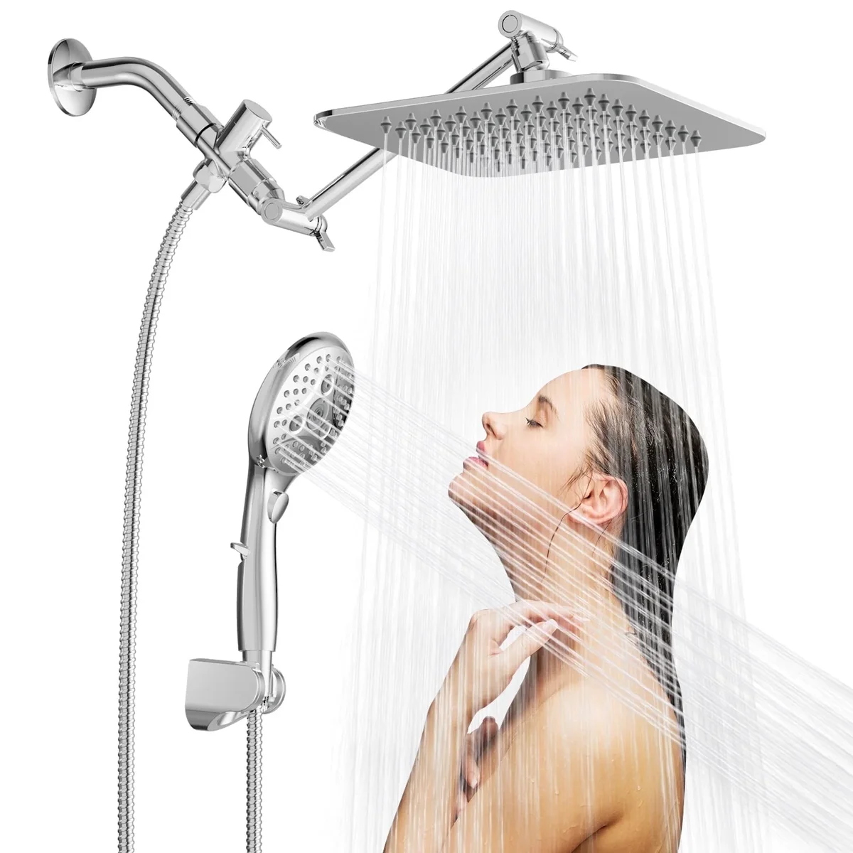 VXV 7-setting shower Head, 8” Rain Shower Head with Handheld Spray Combo, 11" Extension Arm Height Adjustable, High Pressure Shower Heads, chro 5841