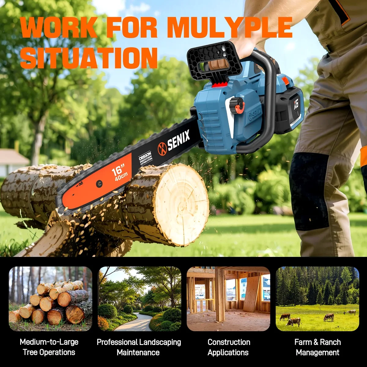 SENIX  60V 16" Battery Chainsaw Brushless Electric Chainsaws Cordless Chain Saw with 4Ah Battery & Charger Garden Tool for Trees, Pruning, Branch 0086