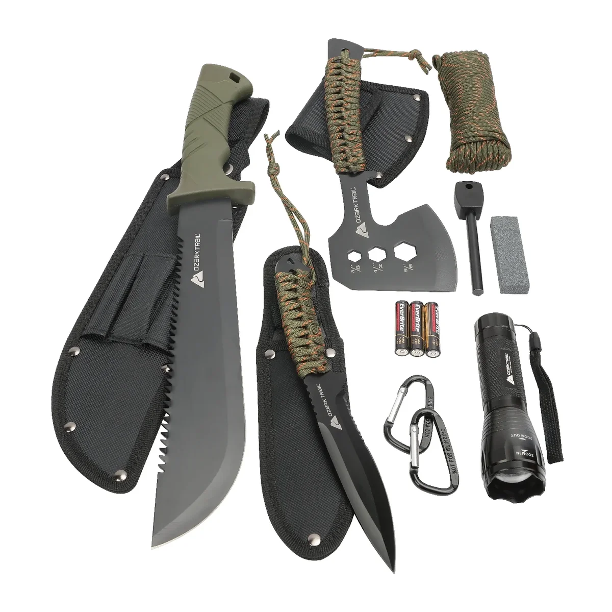 Ozark Trail 12-Pack Camping Tool Set with 180-Lumen Flashlight, 10" Machete, 4.5" Hatchet, 5" Knife, Sharpening Stone, Fire Starter, 50 Foot Util 6688