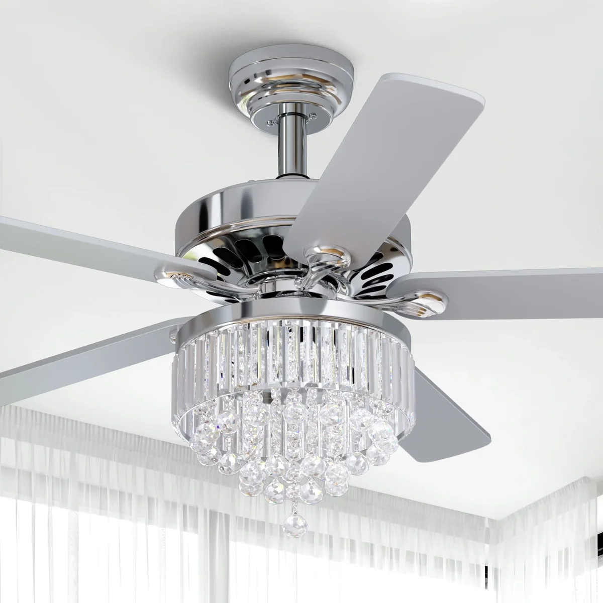 Dextrus 52'' Chandelier Ceiling Fan with Remote, Crystal Fan Light, Indoor Fan Ceiling with 3 Speed, Silent Reversible Motor, Dual-Sided Blades,  9734