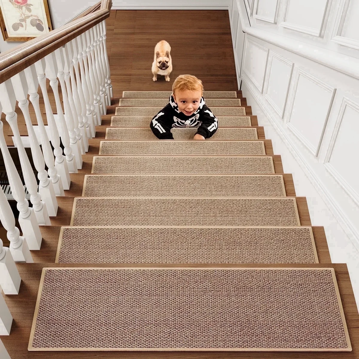 SIXHOME Stair Treads 15 Pack 8"x30" for Wooden Steps Braid Weave Non-Slip Staircase Indoor Comfort Rubber Backing Washable Runners Kids Dog-Frien 6922