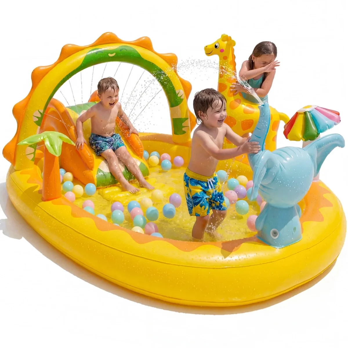 TASKBAY Inflatable Kiddie Pool Giraffe Play Center with Slide and Elephant Sprinkler, Age 2+, 82.7'' x 67'' x 41.3'' 3946