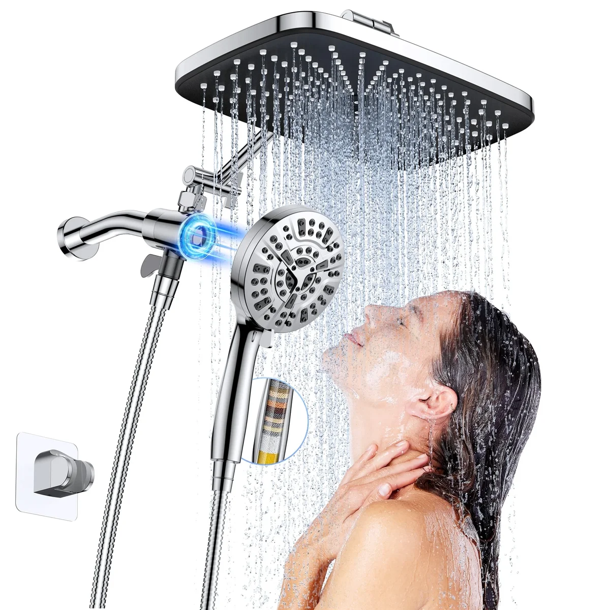 Scootworks 12 Inch High Pressure Rain Shower Head Combo with Adjustable Extension Arm, 10 Mode Detachable Handheld Shower Head with Hose 59 inch  6010