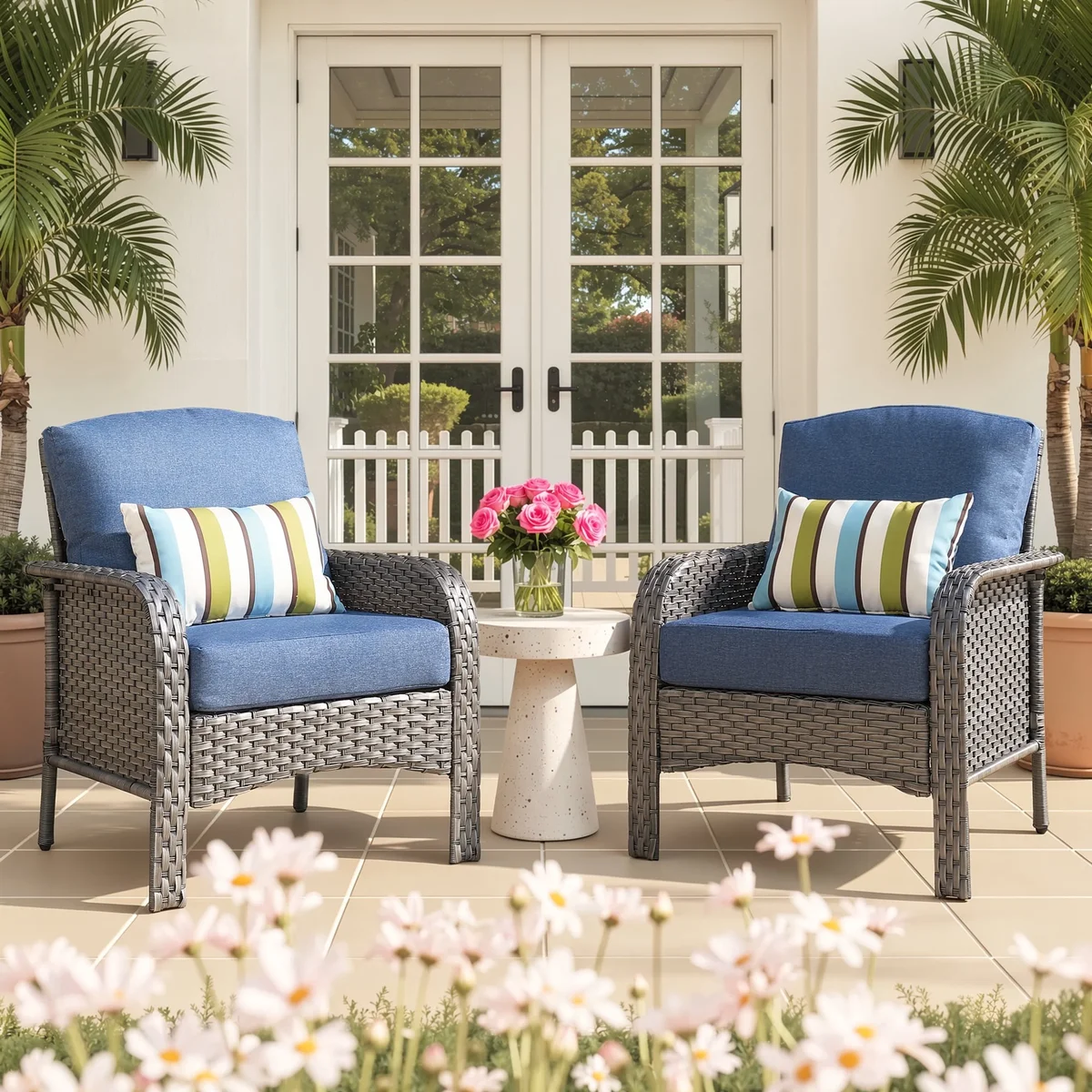 Ovios Patio Chairs Set of 2 All-Weather Wicker Patio Furniture Chairs Set Rattan High-Back Outdoor Armchairs with Cushions, Denim Blue 9597