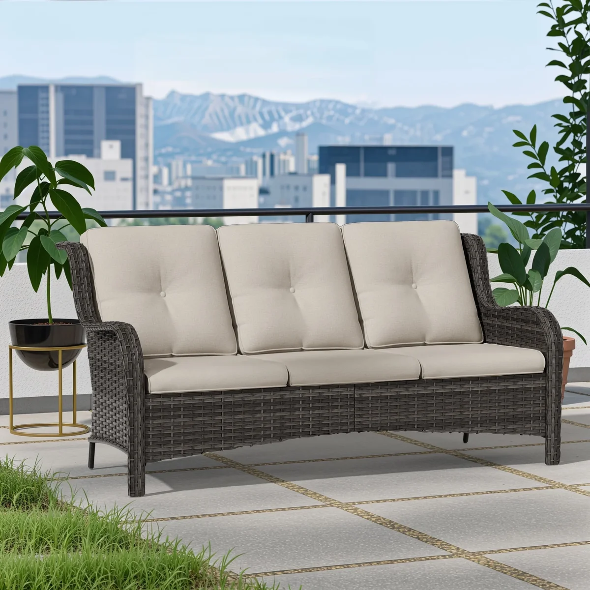 Meetleisure 1 piece 72.83'' Wide 3-Seat Outdoor Wicker Patio Sofa with Cushions,Beige 0727