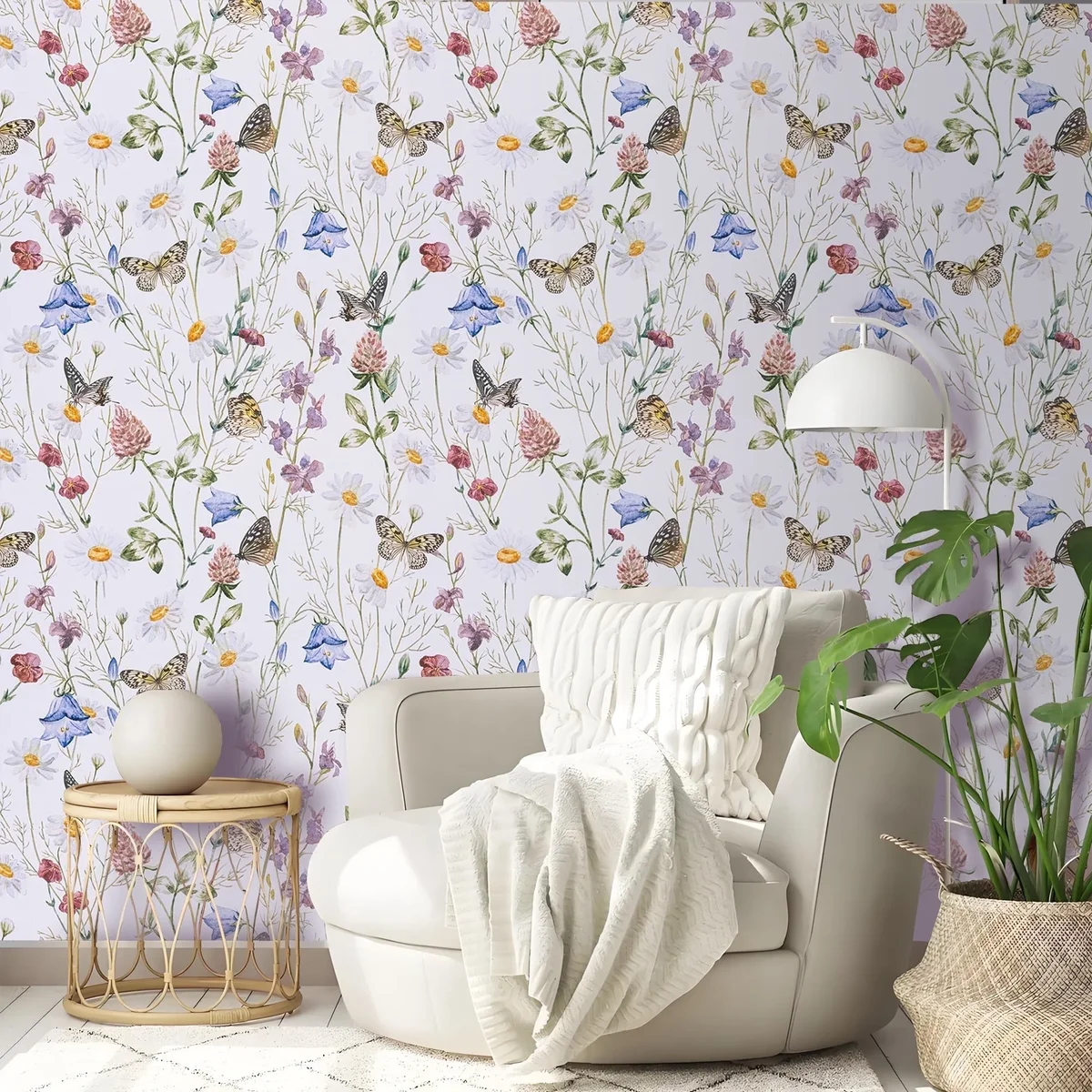 Abyssaly Floral Peel and Stick Wallpaper 17.3" × 393.7",Butterfly and Flower, White Removable Self-Adhesive Vinyl Wall Paper for Home Decor 5287