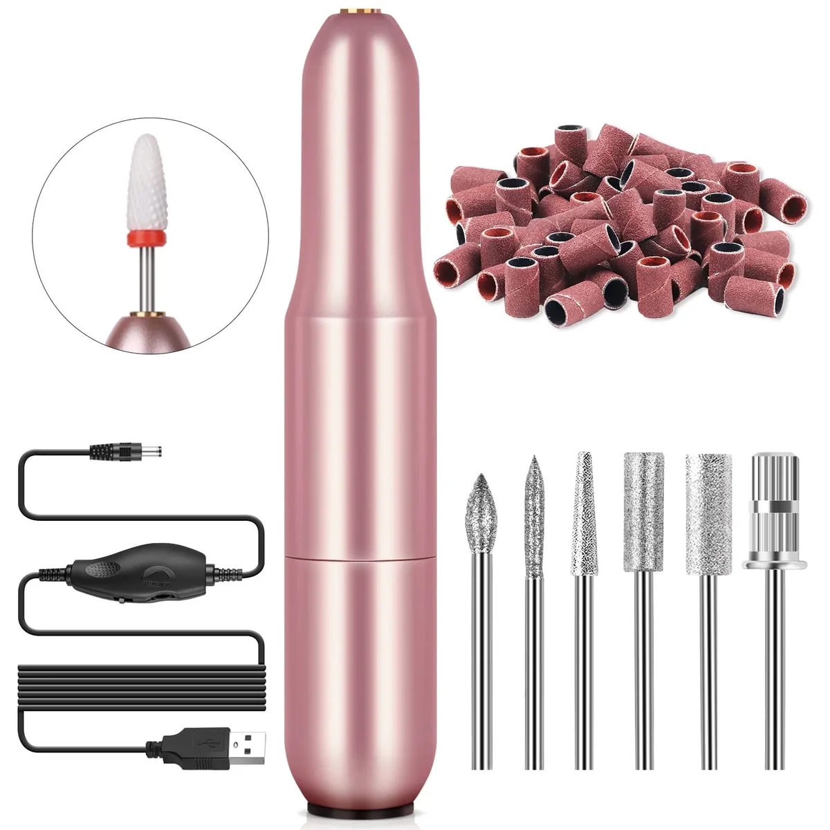Saviland Electric Nail Drill - 20000 RPM Corded Electric Nail File Kit with 6 Bits & 51 Sanding Bands, Gold 8782