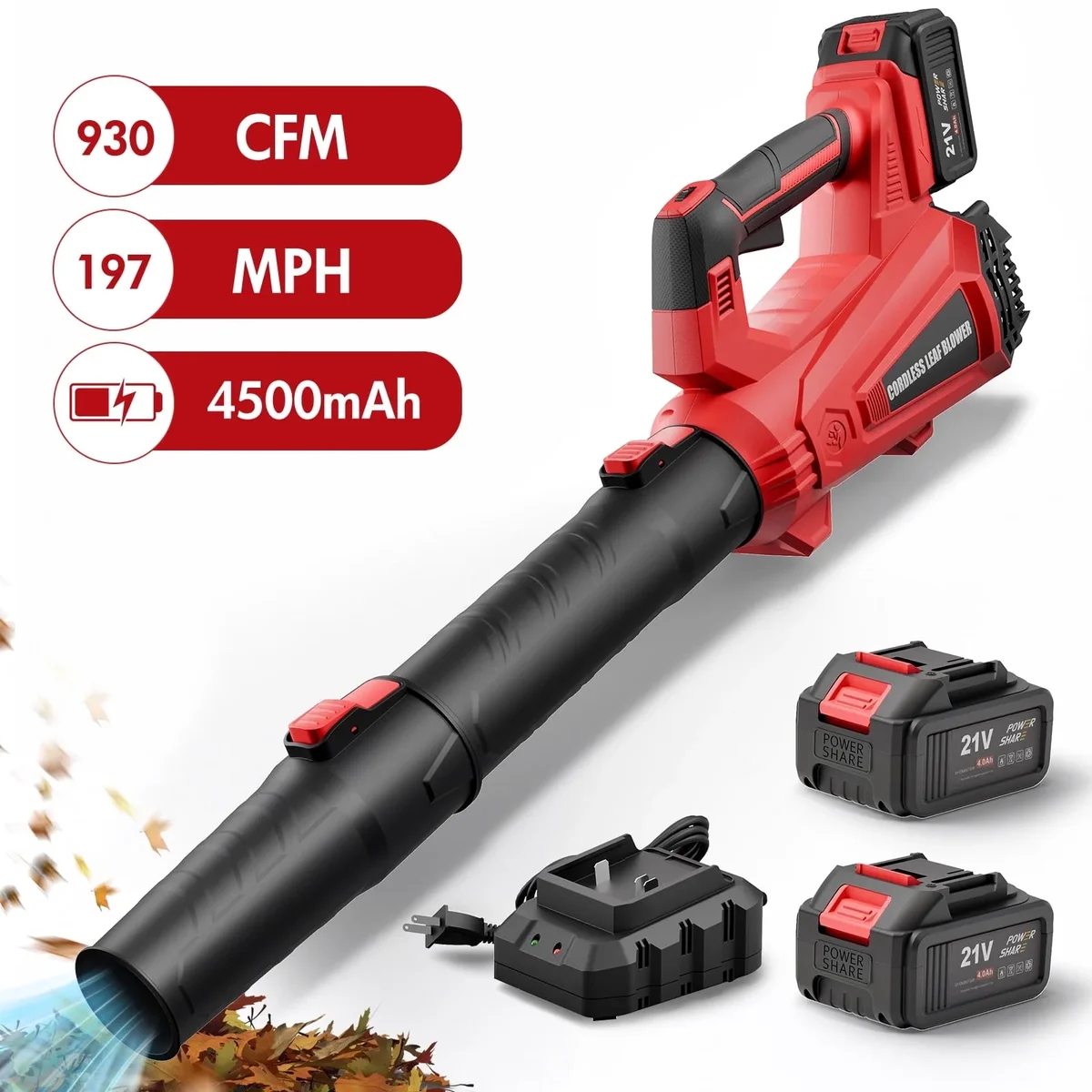 IAMSTECH 930CFM Leaf Blower Cordless, 21V 4.5AH Powerful Electric Cordless Leaf Blower, 6 Speeds Battery Powered Leaf Blowers for Lawn Care, Patio, Yard,  9527