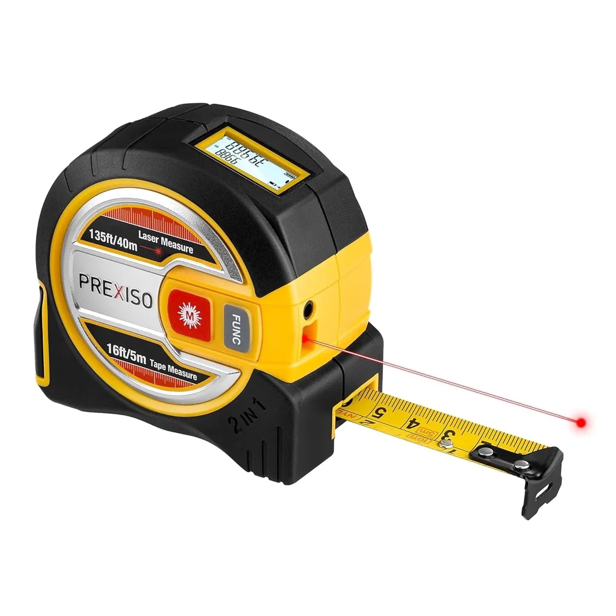PREXISO 2-in-1 Laser Tape Measure, 135 ft Laser Measurement Tool & 16 ft Measuring Tape with Auto Lock & Movable Magnetic Hook - Pythagorean, Are 3645