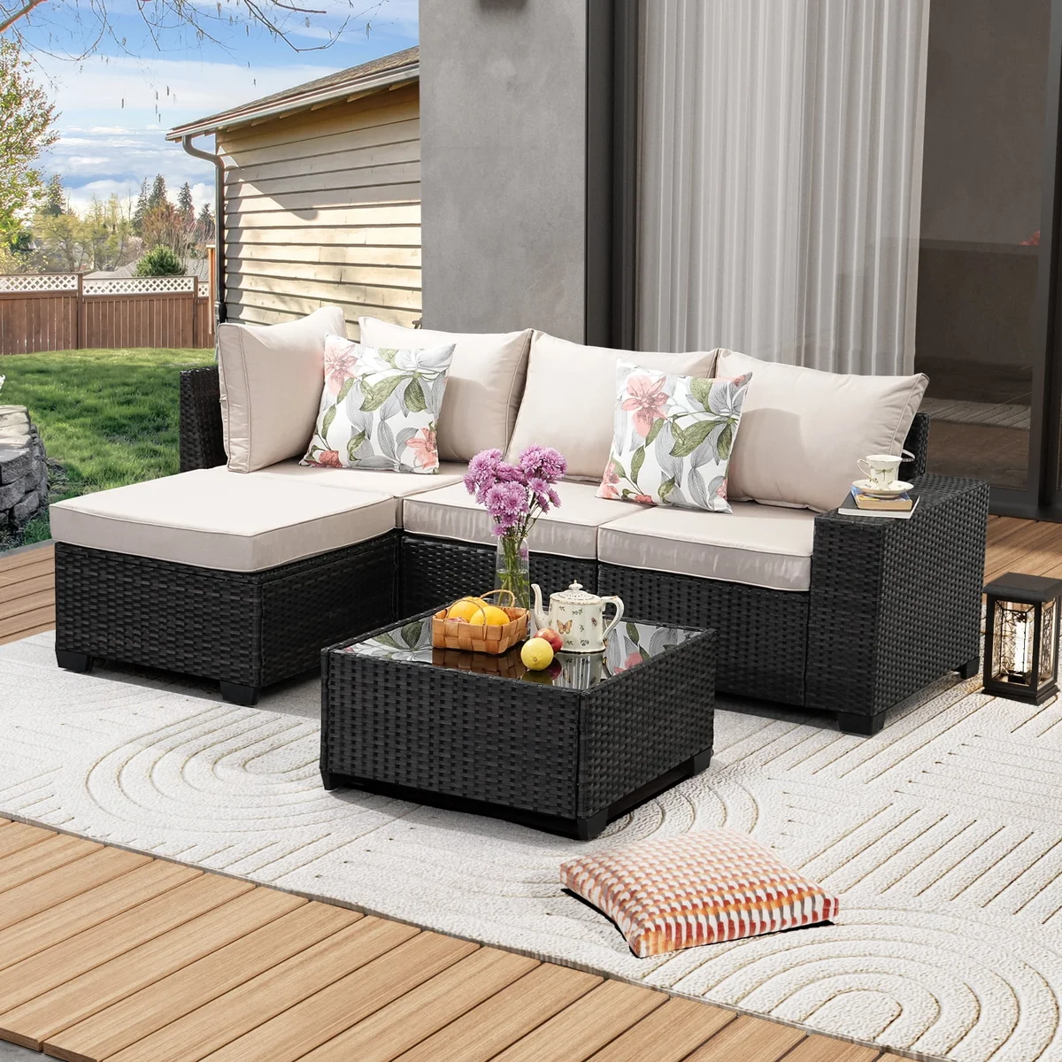 JOYURE 5 Pieces Patio Furniture set All-Weather Outdoor Wicker Sectional Conversation Sofa Rattan patio seating sofa with cushion and Glass Table 7452