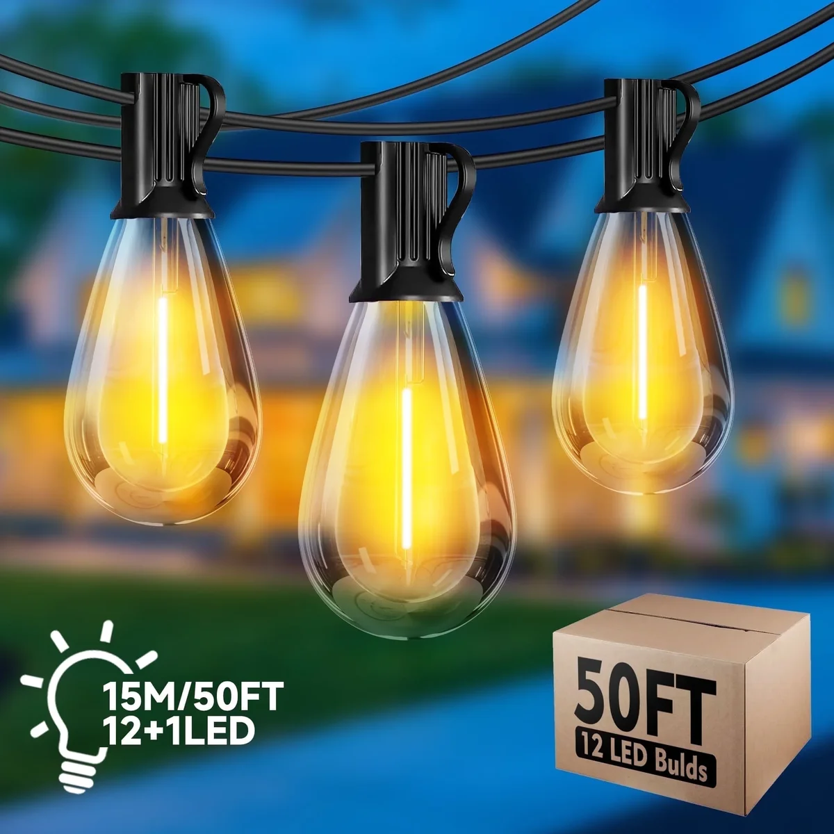 DAYBETTER 50FT LED Outdoor String Lights, Patio Lights with 12+1 Shatterproof S14 Edison Bulbs, Outside Hanging Light Waterproof for Porch, Deck, 2366