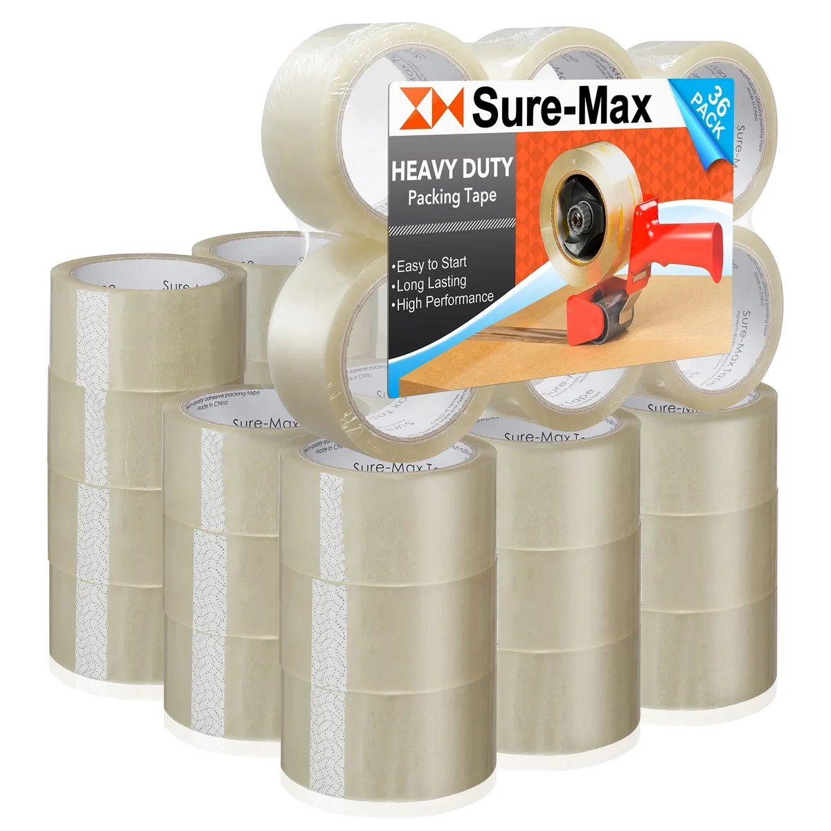 Sure-Max 36 Rolls (Case) Heavy-Duty Shipping & Packing Tape (2" x 60 yard/180' each) - Moving & Adhesive Carton Sealing - 2.7mil Clear 8978