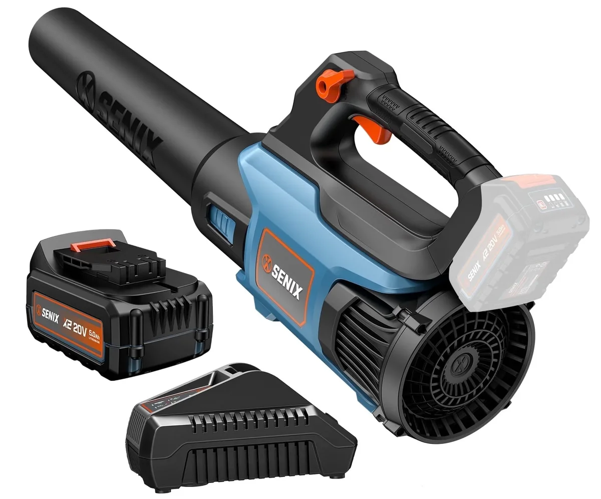 SENIX 20 Volt Max* Cordless Brushless Leaf Blower with 5.0Ah Battery & Charger Included, Variable Air Speeds Up To 450 CFM 100 MPH, BLAX2-M3 5757
