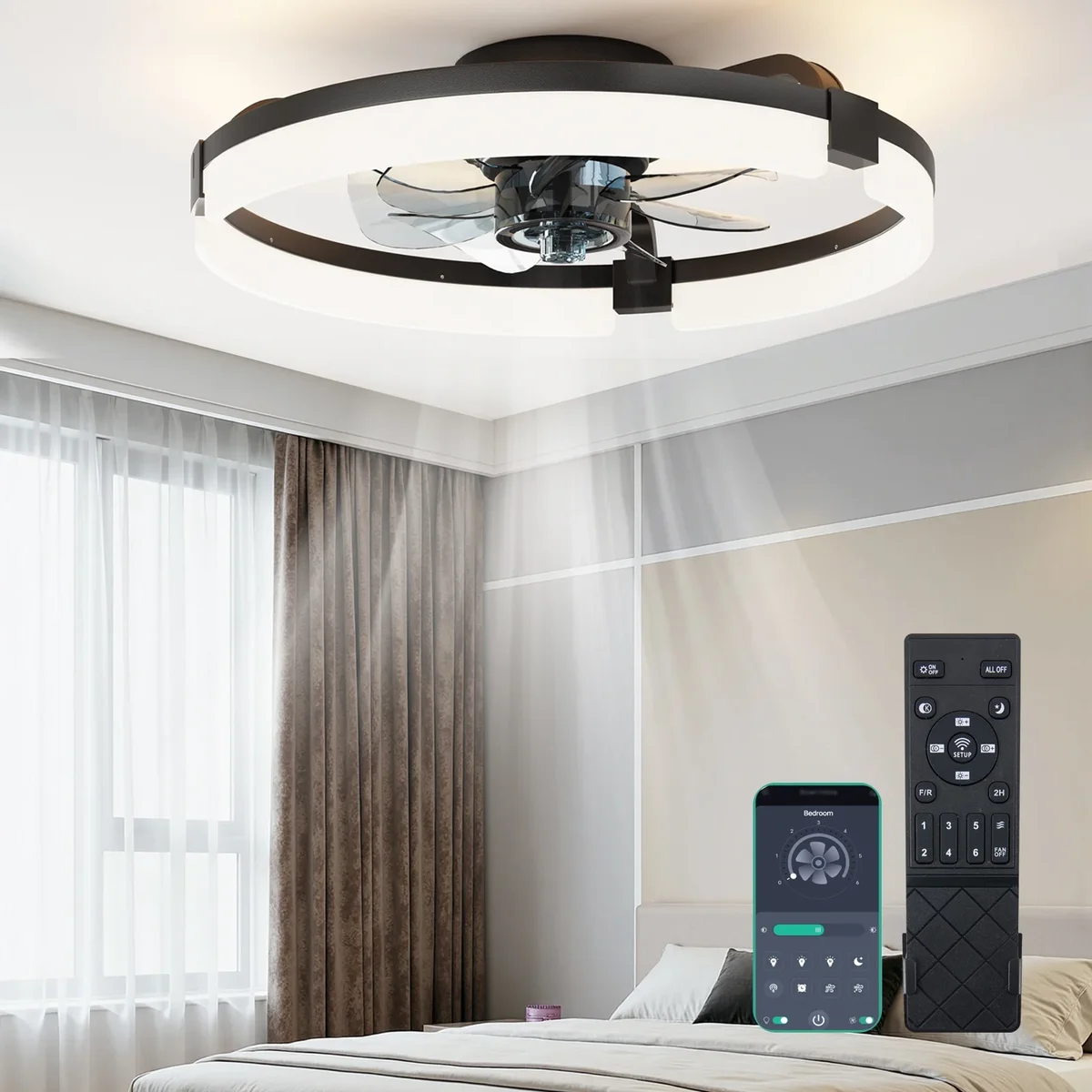 CONCETTA Low Profile Ceiling Fan with Light, 19in Flush Mount Bladeless Fan, Dimmable LED with App & Remote Control, Reversible Quiet Fan for Bed 1163