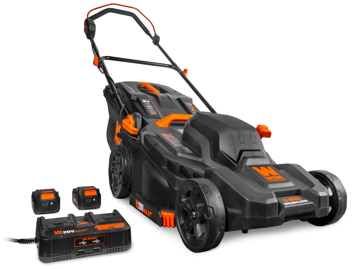 WEN 20V Max 2-in-1 19-Inch Cordless Brushless Lawn Mower and Mulcher with Two 5Ah Batteries and Dual Port Charger 1633