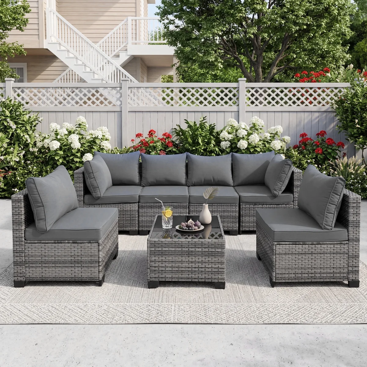 MOLIBYME 7 Pcs Outdoor Patio Furniture Set, Modular Outdoor Sectional Wicker Conversation Set, Rattan Sofa Set with Glass Table and Washable Cush 9494