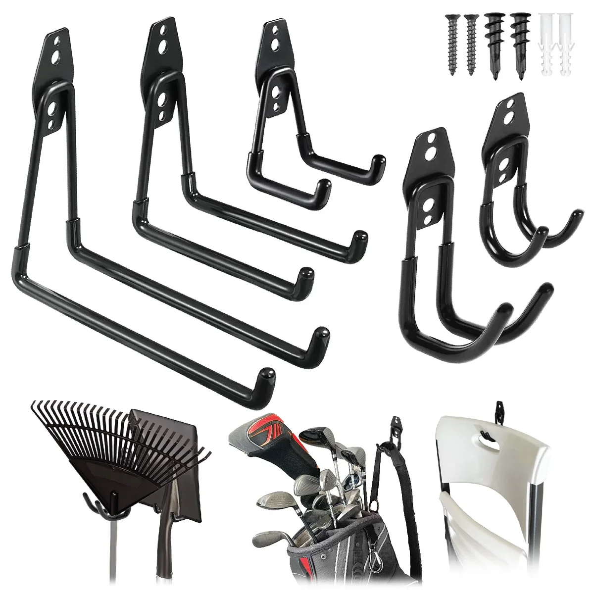 PeerBasics, 5 Pack Hook Set, Black, Metal, PVC Coated, Average 50 lb Capacity, Hardware Included 1729