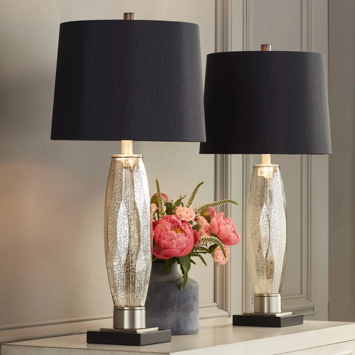 Regency Hill Landro Modern Mid Century Table Lamps 27 1/2" Tall Set of 2 Mercury Glass Black Drum Shade for Bedroom Living Room Bedside Office Fa 1443