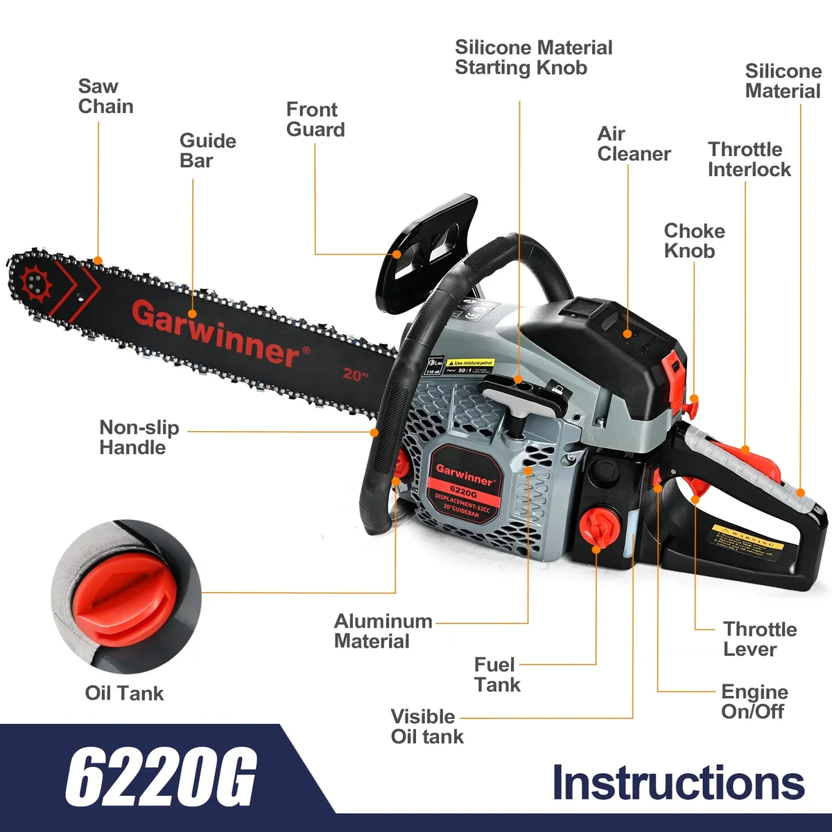 Garwinner Gas Chainsaw 20'' 2-Stroke 62CC Cordless Chainsaw 6220G for Farm, Garden, Ranch, Cutting Wood/Firewood 7405