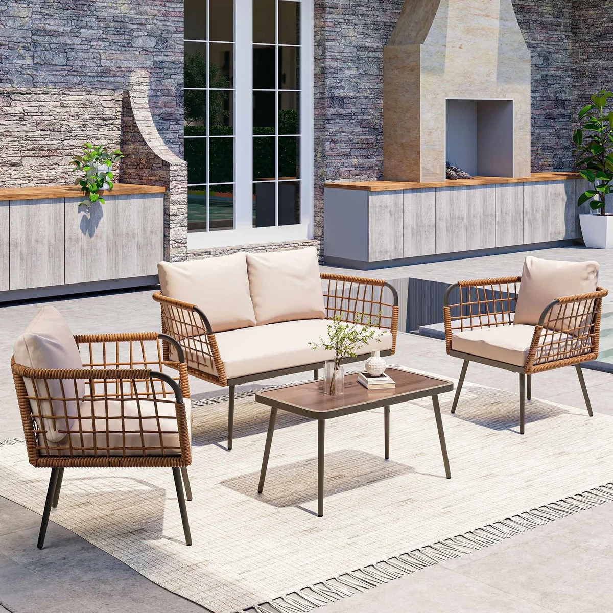 LAUSAINT HOME 4 Pieces Outdoor Conversation Sets, Patio Metal Frame Sofa with Wood Loveseat and Coffee Table, Beige Cushions 7866