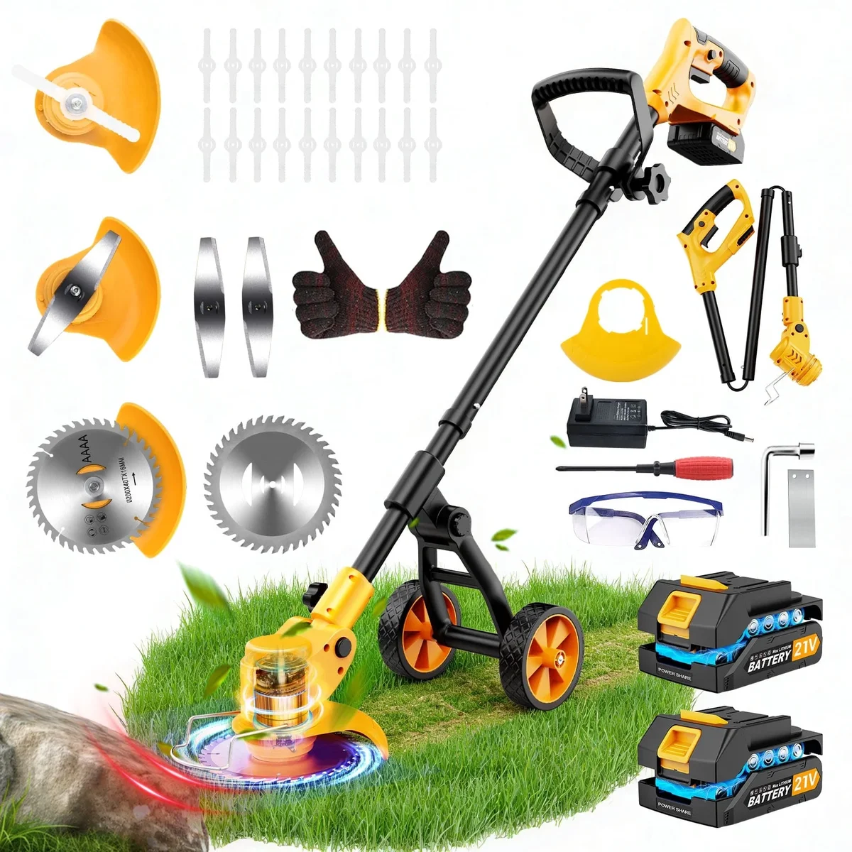Lemolifys 6-inch Weed Eaters with Wheels & 3 Blades, 21V Battery String Trimmer for Lawn Yard Garden 4422