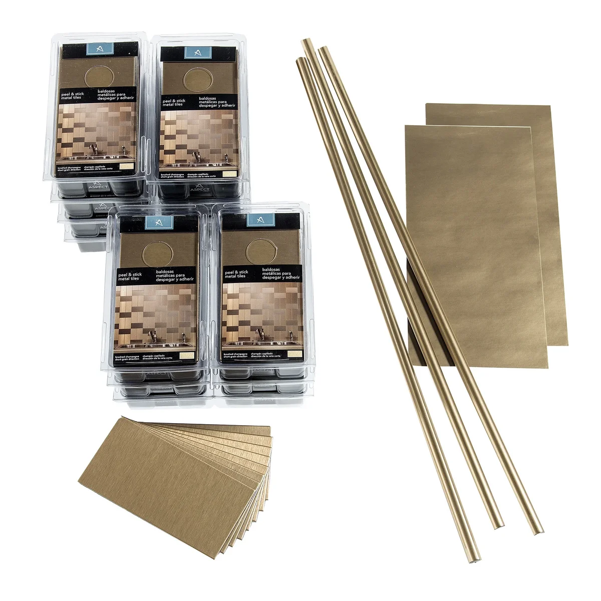 Aspect Peel and Stick Backsplash 3in x 6in Brushed Champagne Short Grain Metal Tile 15 Sq Ft Kit for Kitchen and Bathrooms 8470