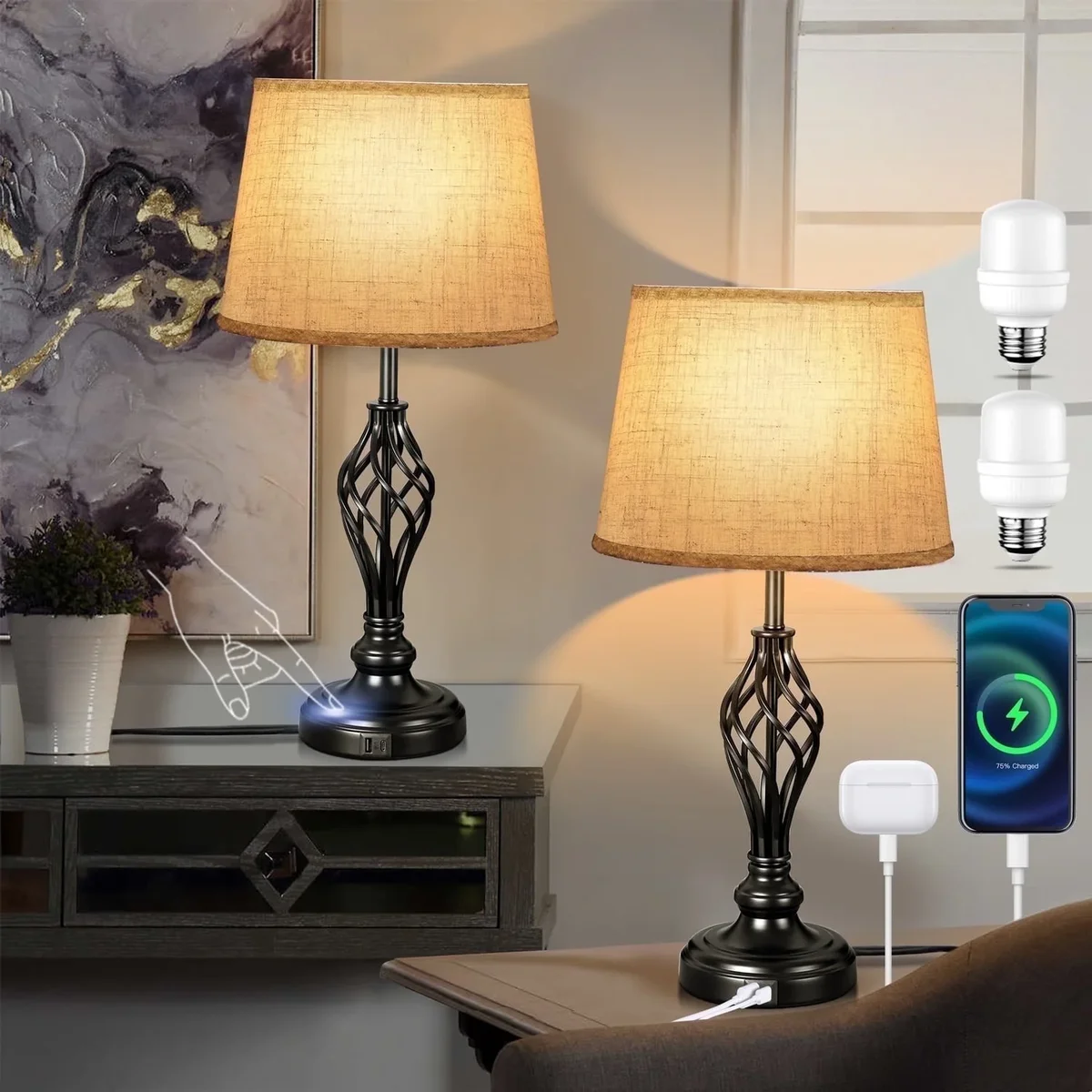 Coliware Table Lamp Set of 2, Traditional Dimmable Desk Lamps with Touch Control USB Charging Port, Farmhouse Tapered Drum Shade Bedside Nightsta 5359