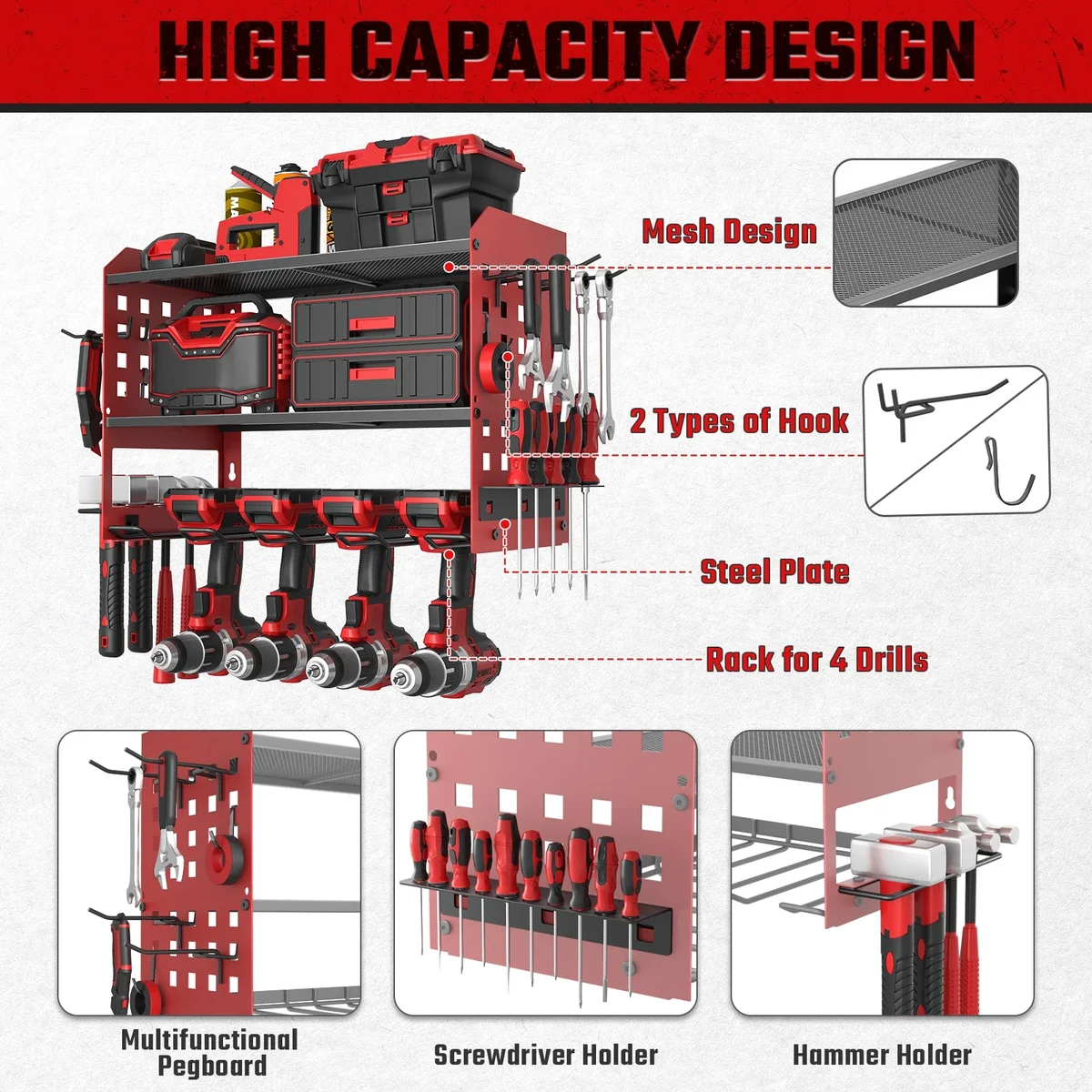 SUNALLY Power Tool Organizer, 3 Layers Drill Holder Wall Mount with 2 Side Pegboards, Heavy Duty Tool Storage Rack for Garage, 150Lbs Load Capaci 7023
